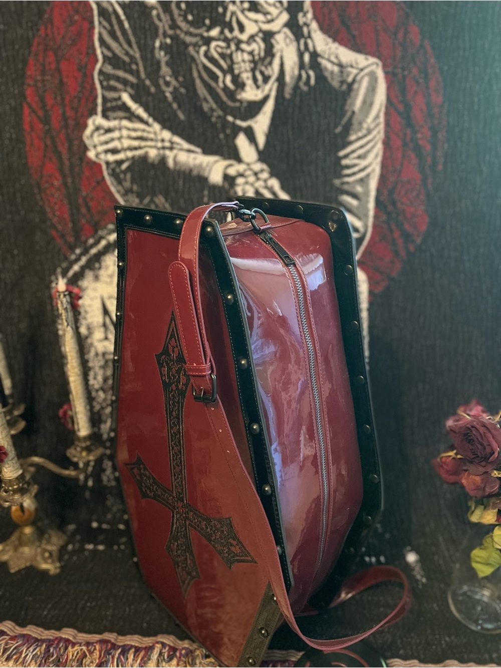 Dolls Kill Wine Red Coffin Weekender Bag with Black Embroidered Cross - Picture 4 of 13
